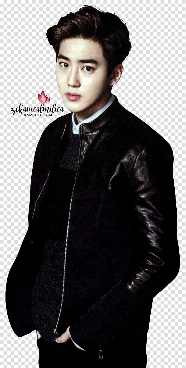 EXO Suho  Season Greetings, man wearing black leather jacket transparent background PNG clipart