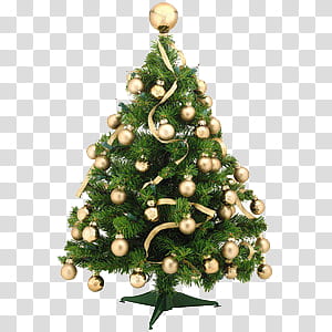 Christmas Items I, green Christmas tree with gold bauble on ground transparent background PNG clipart