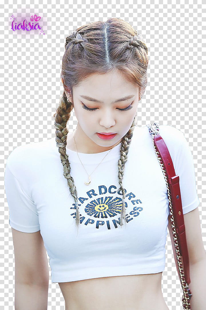 BLACKPINK Jennie , standing woman wearing white and blue Hardcore Happiness printed crew-neck crop shirt transparent background PNG clipart