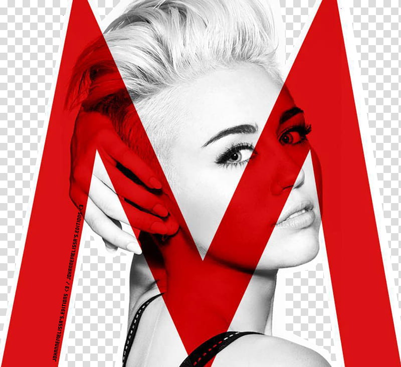 Miley Cyrus Nuevo shoot RAR, grayscale of girl with red M text overlay transparent background PNG clipart