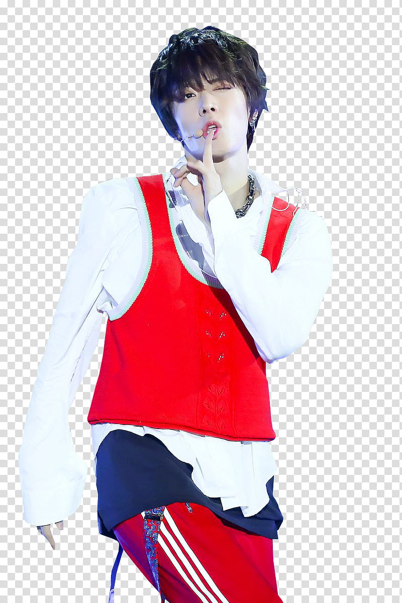 YUTA NCT , man wearing red vest while using microphone transparent background PNG clipart