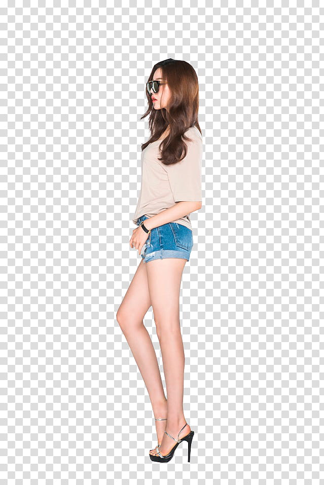 PARK JUNG YOON, woman wearing white shirt and blue denim short shorts transparent background PNG clipart