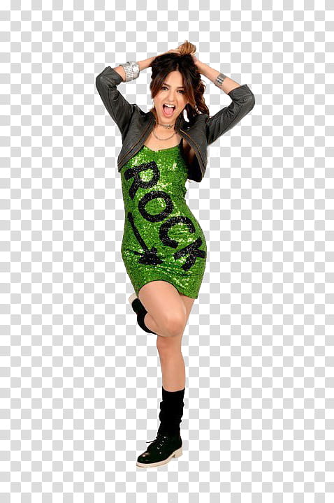 Eiza Gonzalez, woman in green dress holding her hair while standing in one leg transparent background PNG clipart