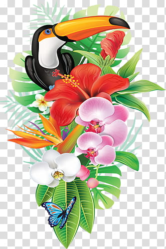 Tropical, black, white, and yellow bird with assorted-color flowers illustration transparent background PNG clipart