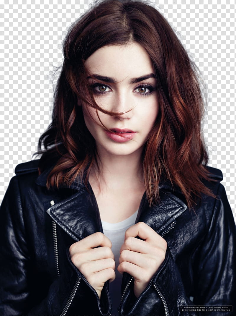 lily collins, long brunette haired woman holding her black leather jacket transparent background PNG clipart