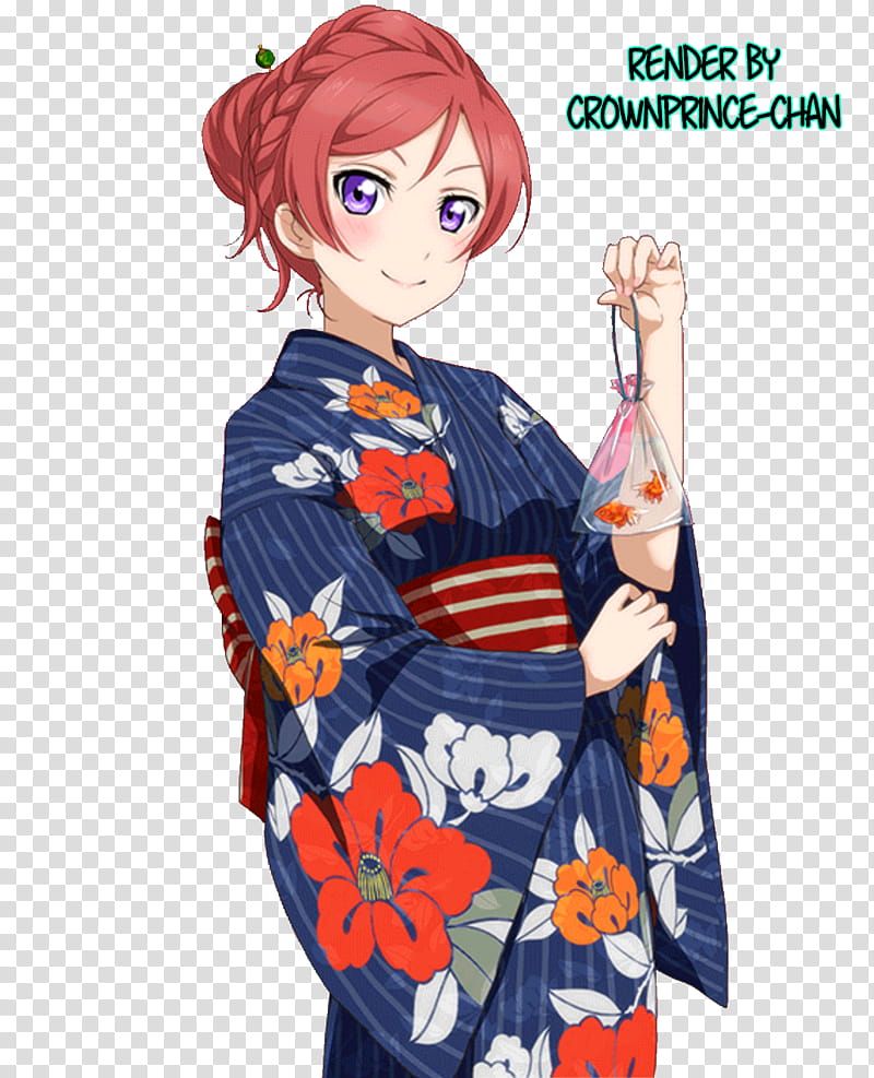 RENDER Maki Nishikino Love Live, girl anime character wearing blue and orange floral dress transparent background PNG clipart