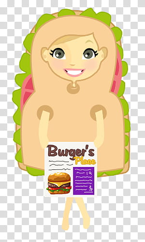 SandwichGirl, woman wears sandwich costume while holding Burger's Place menu cartoon transparent background PNG clipart