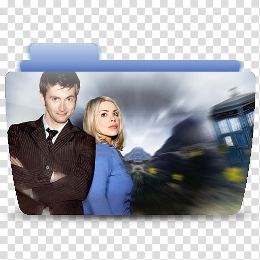 Colorflow Doctor Who Folders, man wearing black suit jacket near woman near blue top transparent background PNG clipart