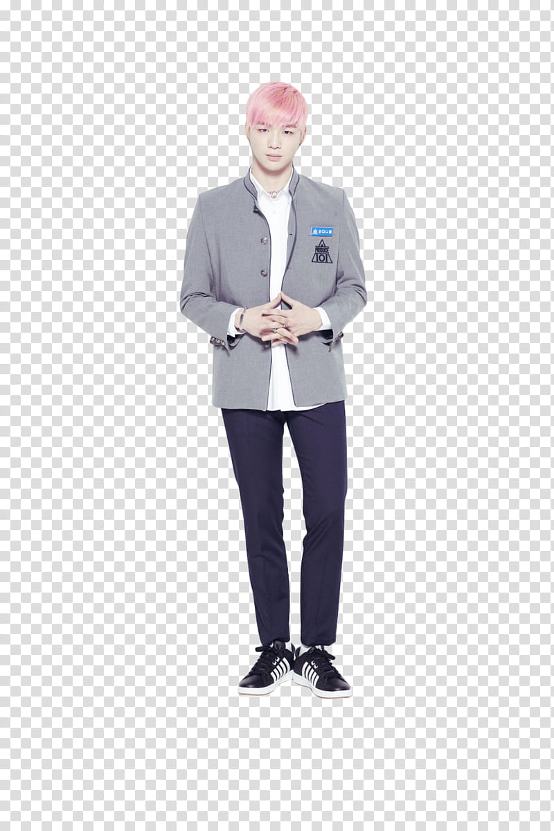 KANG DANIEL WANNA ONE , standing man wearing gray blazer linking both hands transparent background PNG clipart