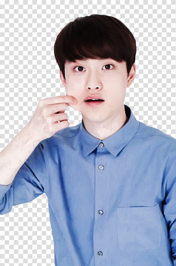 D O EXO S, man wearing blue top pinching his face transparent background PNG clipart
