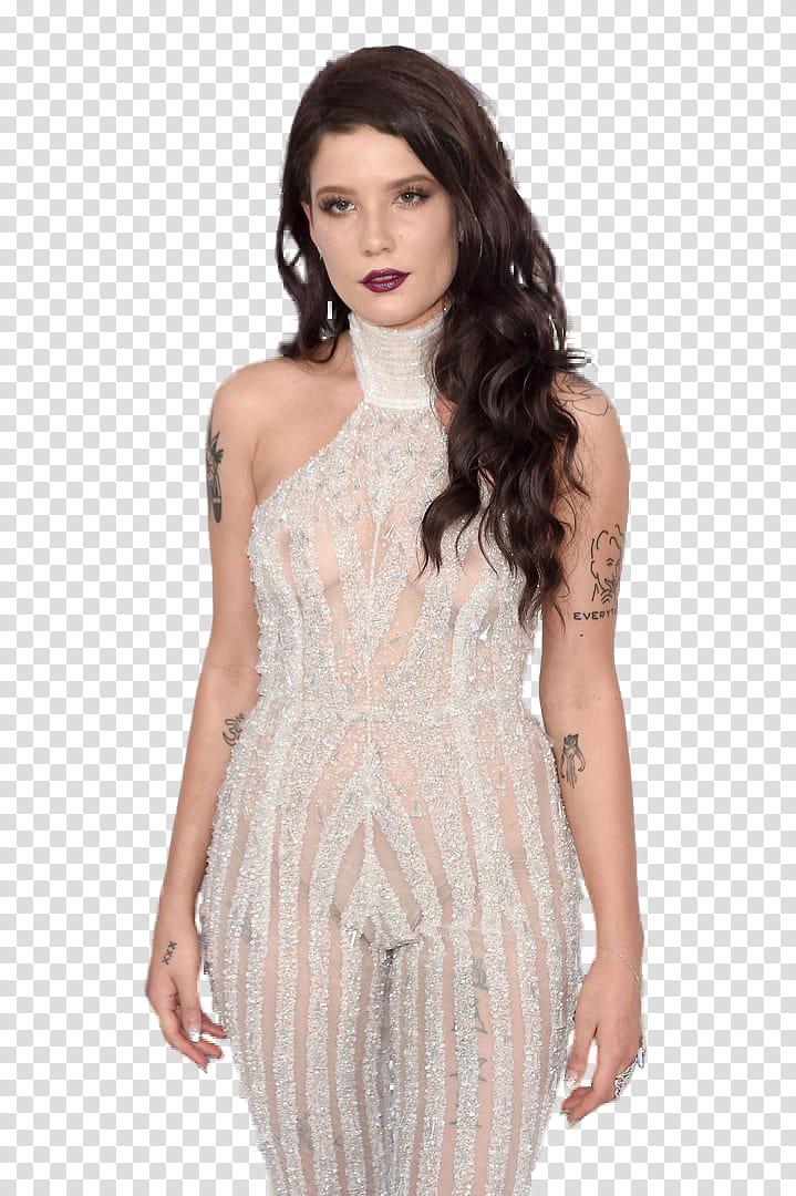 Halsey, standing woman wearing white halter-top see-through dress transparent background PNG clipart