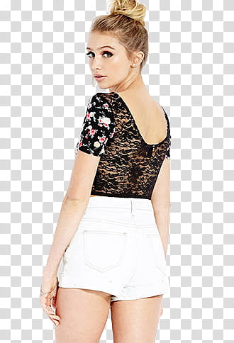 Caitlin Russo, woman wearing black and pink floral backless crop top transparent background PNG clipart