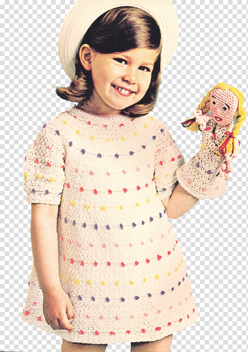 Retro Little Girl, girl in pink and multicolored dress with hand puppet on left hand transparent background PNG clipart