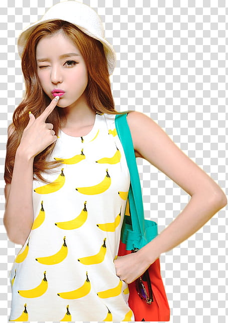 woman wearing banana print dress blinking her right eye transparent background PNG clipart