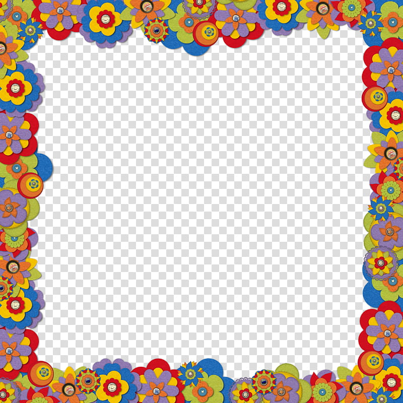 Border Felt Flowers, blue, red, and yellow floral frame transparent background PNG clipart
