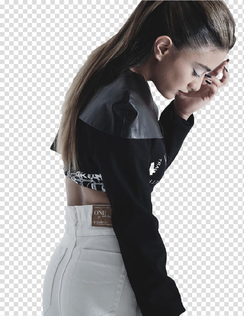 girl wearing black and gray long-sleeved crop-top and white denim bottoms transparent background PNG clipart