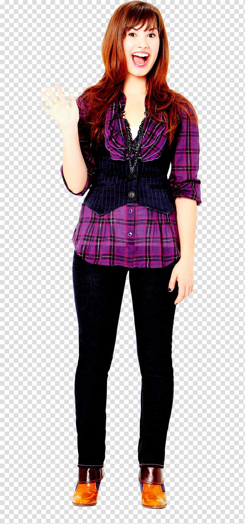 Demi Lovato s, smiling woman while standing and waving her hand transparent background PNG clipart