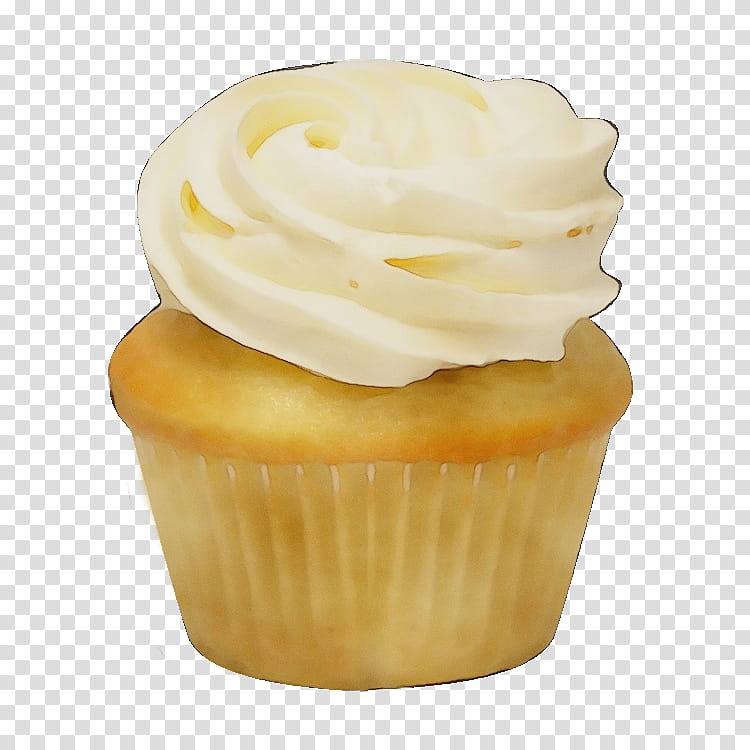 cupcake baking cup food buttercream icing, Watercolor, Paint, Wet Ink, Yellow, Dessert, Vanilla, Cream Cheese transparent background PNG clipart