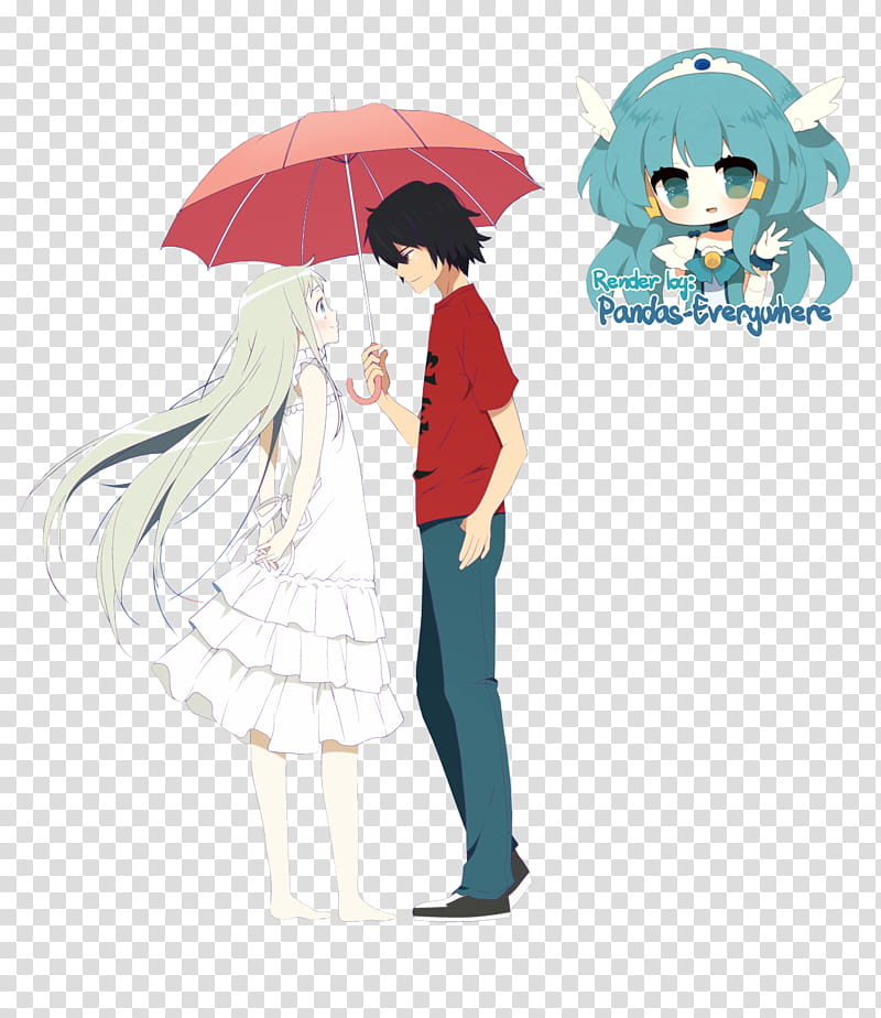 Menma x Jintan Render, boy and girl under red umbrella illustreation transparent background PNG clipart