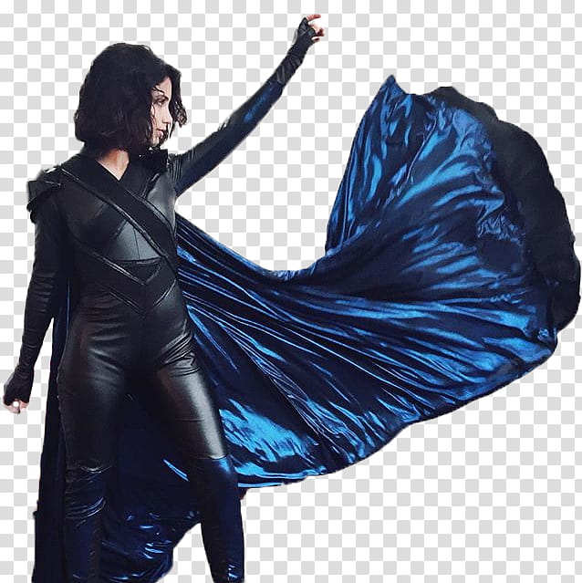 EMILY RUDD, woman wearing black costume with blue cape transparent background PNG clipart