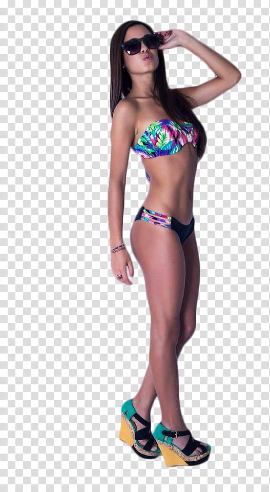 standing woman wearing blue and multicolored bikini transparent background PNG clipart
