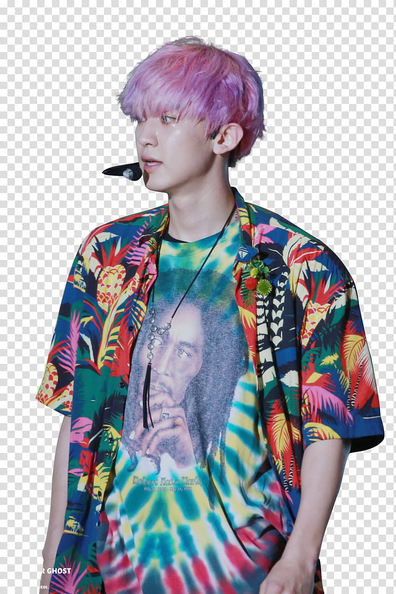 ChanYeol EXO , standing man wearing multi-colored tie-dyed Bob Marley graphic crew-neck shirt and multicolored floral button-up shirt transparent background PNG clipart