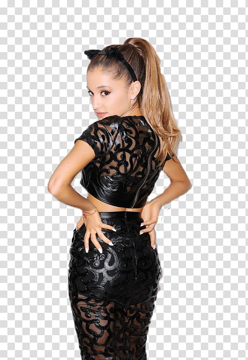 Ariana Grande, woman wearing black leather crop top and skirt transparent background PNG clipart