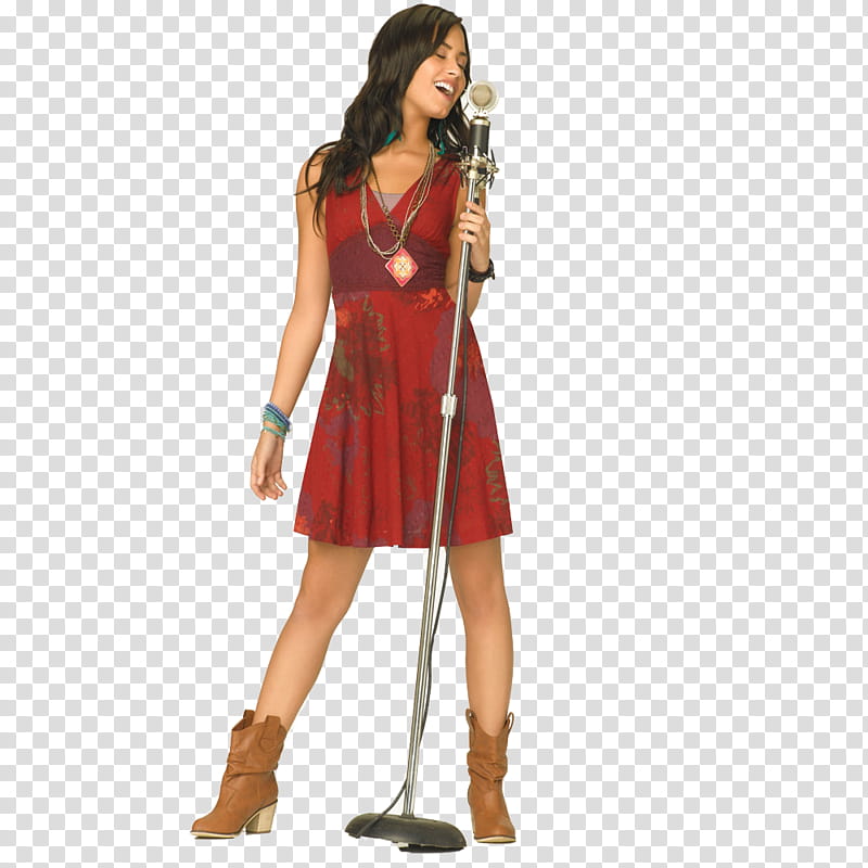 Demi Lovato, woman standing beside gray microphone with blue background transparent background PNG clipart