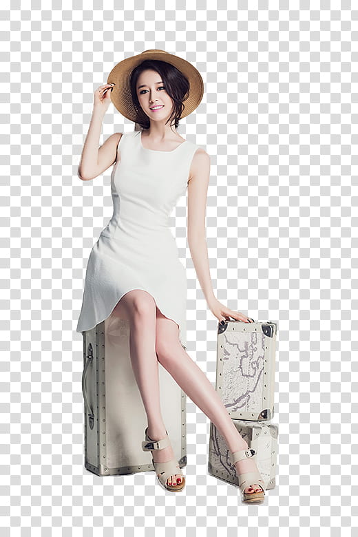 Ji Yeon, woman in white dress sitting on luggage wearing sunhat transparent background PNG clipart