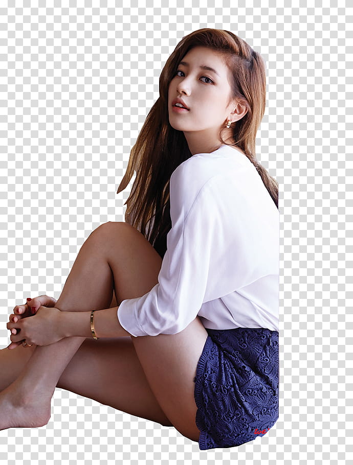 Suzy wearing white long-sleeved shirt and blue shorts sitting transparent background PNG clipart