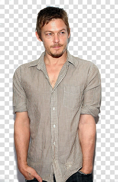 Norman Reedus The Walking Dead, man wearing grey and beige pinstriped shirt transparent background PNG clipart