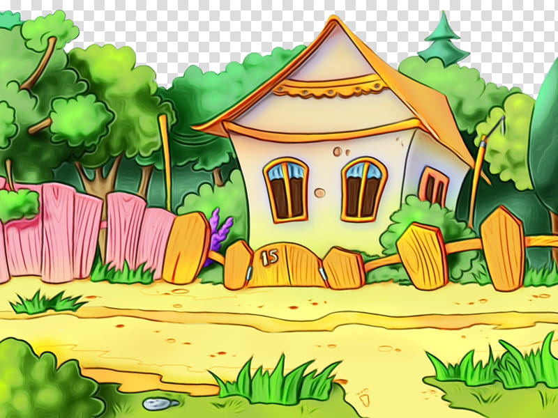 nature green cartoon natural landscape theatrical scenery, Watercolor, Paint, Wet Ink, Hut, Rural Area, Painting transparent background PNG clipart