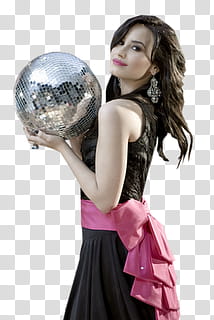 Famosos varios, woman in black and pink dress holding sequined disco ball transparent background PNG clipart