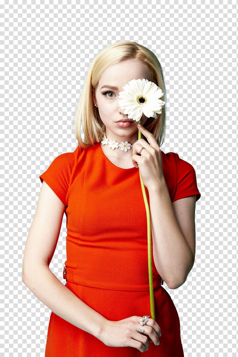 Dove Cameron, woman in red crew-neck dress holding white flower transparent background PNG clipart