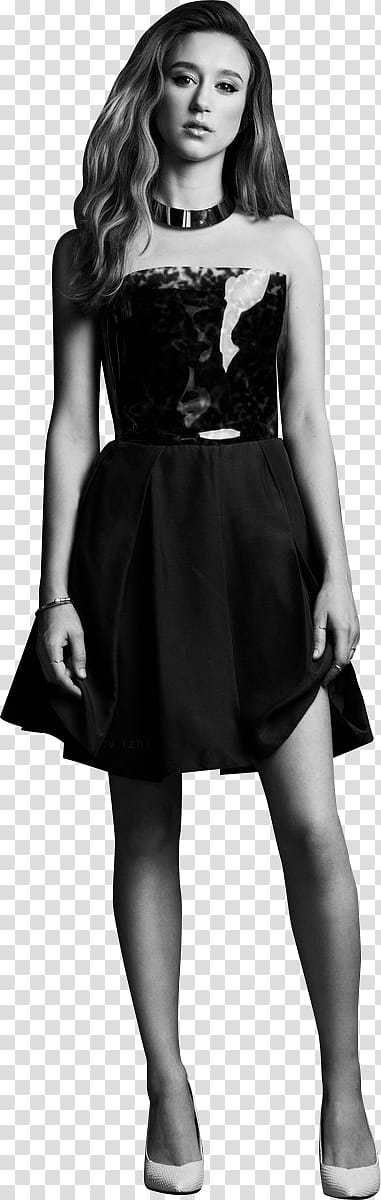Taissa Farmiga, grayscale graphy of woman wearing tube circle skirt mini dress transparent background PNG clipart