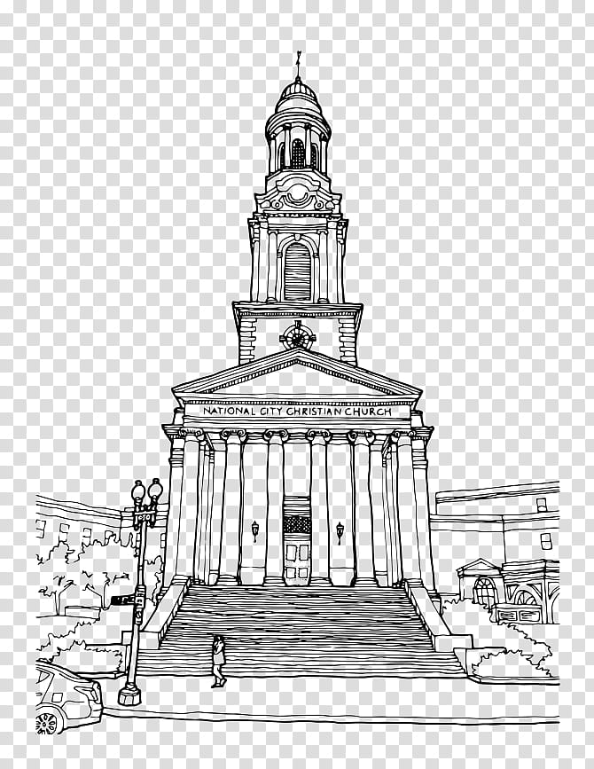 Cartoon Clock, National City Christian Church, Classical Architecture, Drawing, Line Art, Facade, Worship, Washington transparent background PNG clipart