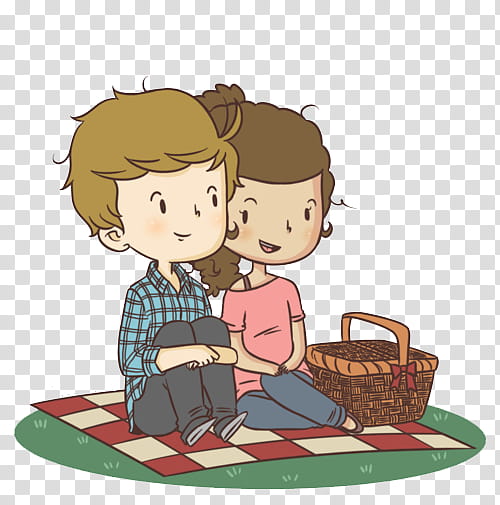 caricaturas de One Direction, couple sitting on carpet with picnic basket illustration transparent background PNG clipart