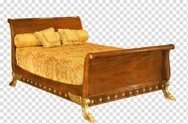 Egyptian Revival furniture, brown wooden sleigh bed with beige mattress transparent background PNG clipart