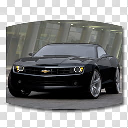 Cinema dock icons, Camaroblack, black Chevrolet Camaro coupe on pavement transparent background PNG clipart