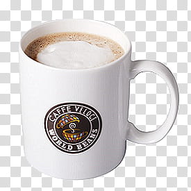 white and black Caffe Veloce World Beans ceramic coffee mug transparent background PNG clipart