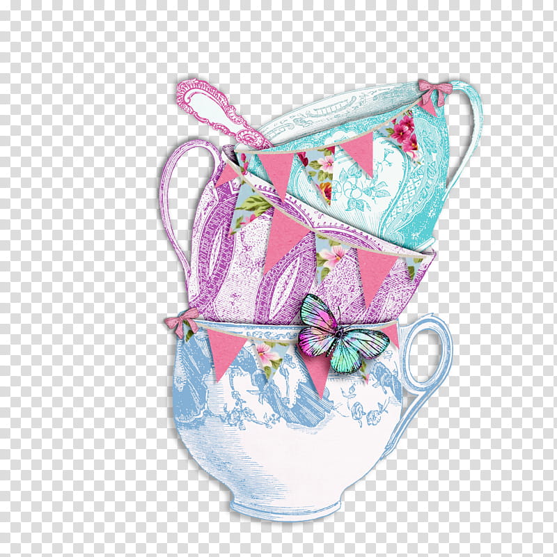 Three for Tea Elements, assorted-color cups transparent background PNG clipart