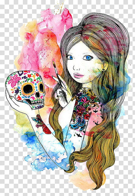 Super  , girl holding sugar skull and paint brush transparent background PNG clipart