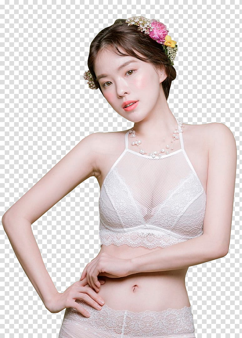HANEUL, woman wearing white lace bra transparent background PNG