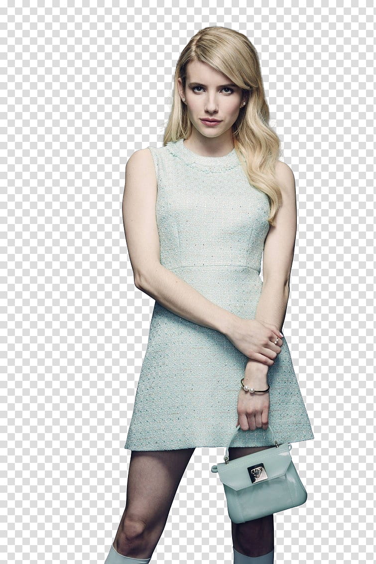 Emma Roberts, woman in white sleeveless dress and holding bag transparent background PNG clipart
