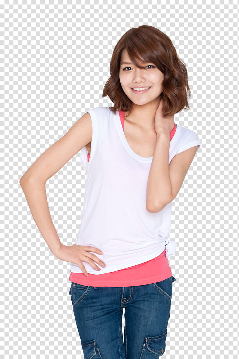 Sooyoung SNSD render, woman wearing white scoop-neck cap-sleeved shirt transparent background PNG clipart