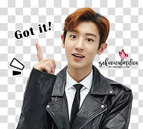EXO LINE Stickers, man wearing black leather coat with text overlay transparent background PNG clipart