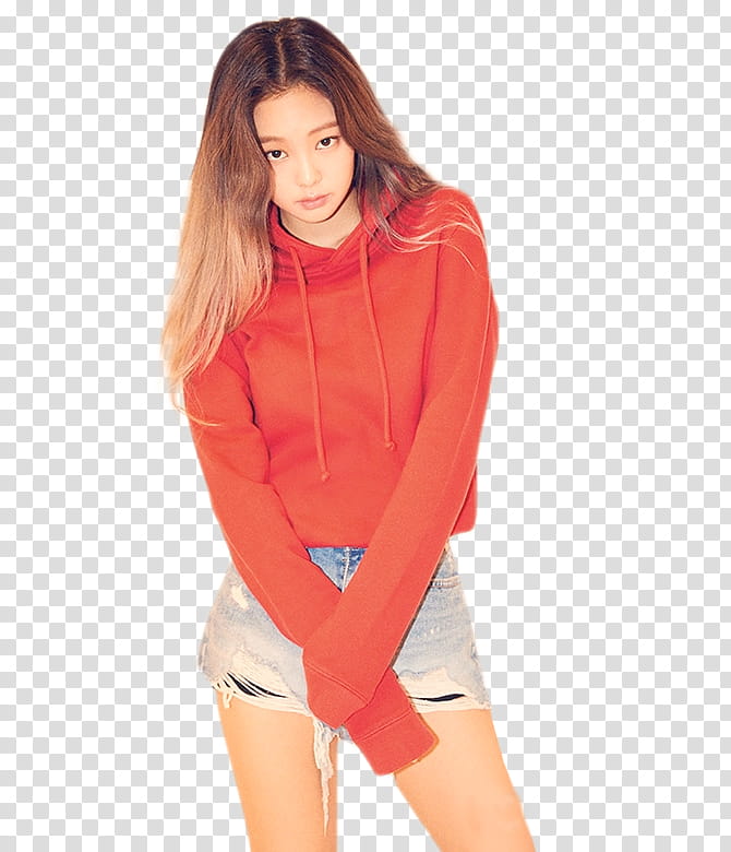 BlackPink, Black Pink Jennie wearing red pullover hoodie and distressed blue denim short shorts transparent background PNG clipart