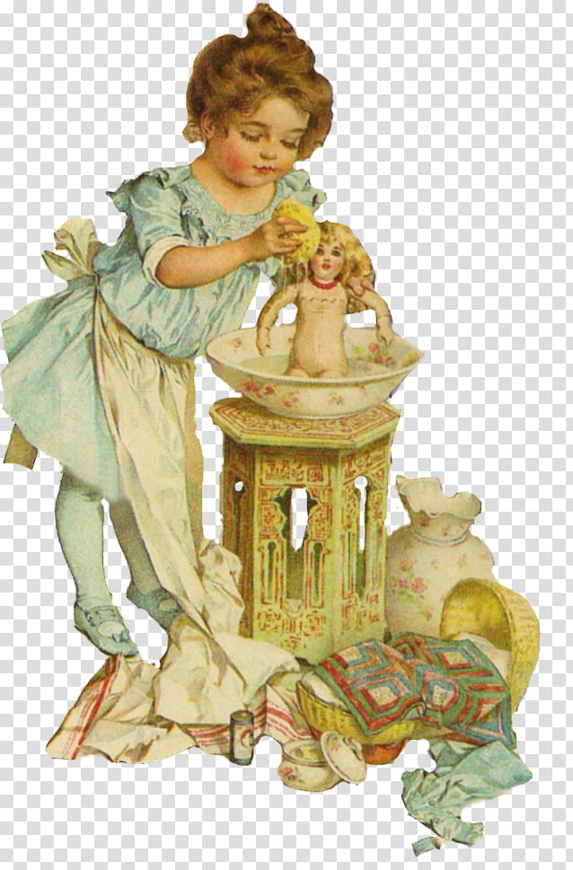 Vintage wash girl, girl standing in front of white and yellow birdbath painting transparent background PNG clipart