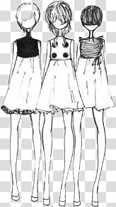 , three female wearing dress sketches transparent background PNG clipart