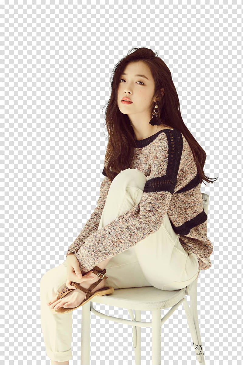 Sulli  HAPPYSULLIDAY, Sulli sitting on chair with left foot resting on chair transparent background PNG clipart
